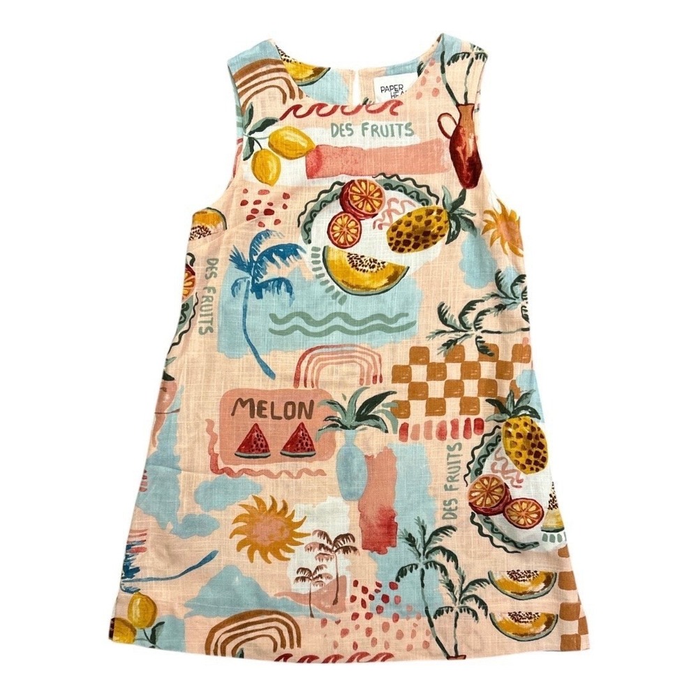 Paper Heart Pink Fruit Print Linen Blend Sleeveless Shift Dress Womens Small
